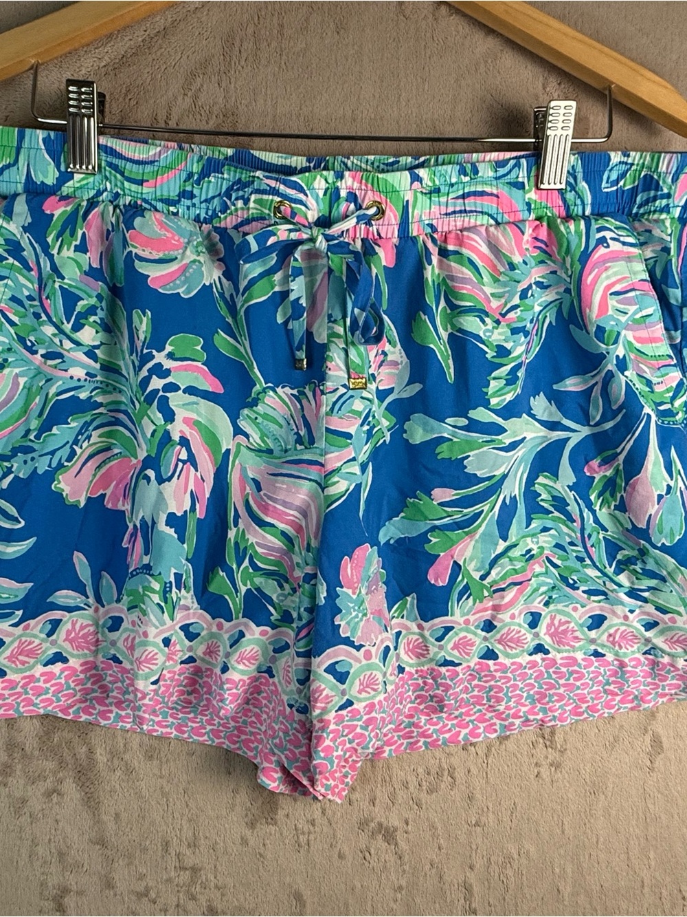 Lilly Pulitzer Shorts XL Blue Tropical Print Elastic Waist Pockets Resort